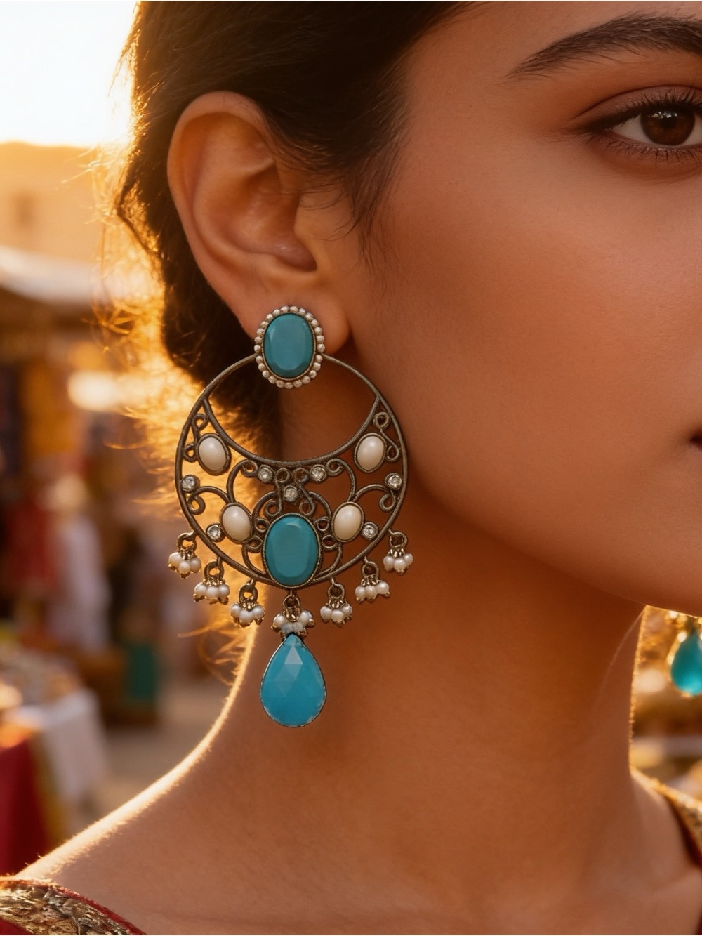 Boho Turquoise Chandbali Chandelier Hoop Earrings Oxidized Silver & Pearls